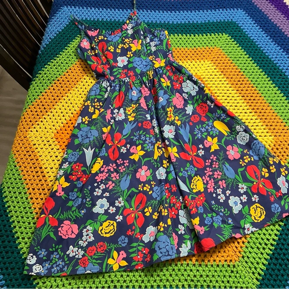 70's Vintage EJE Cotton Rainbow Blue Floral Hawaiian Sundress Day Midi Dress - Picture 1 of 10